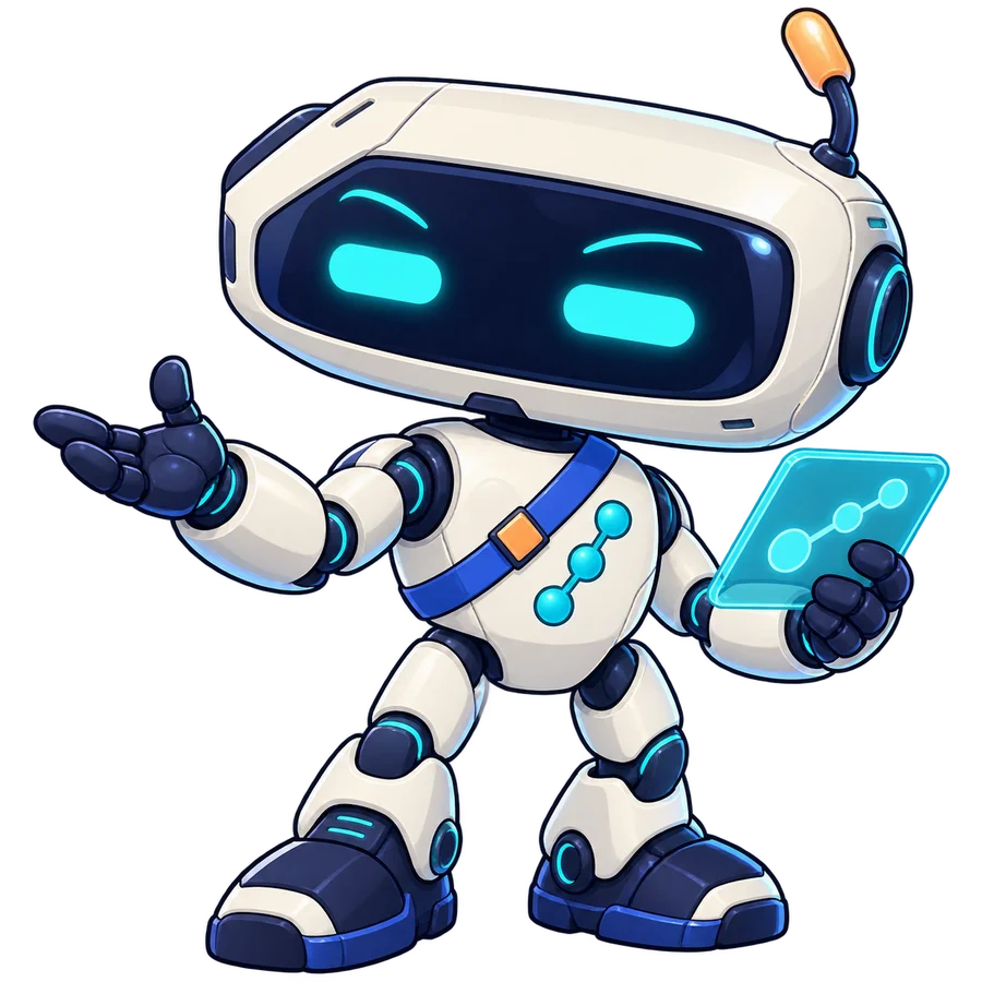 Byte, a ceramic robot with cyan eyes, an amber antenna and a workflow tablet